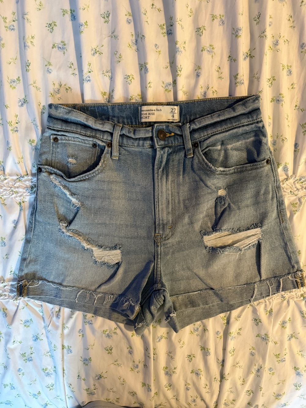 Abercrombie & Fitch Light Blue High-Rise Curve Love Distressed Jean Shorts